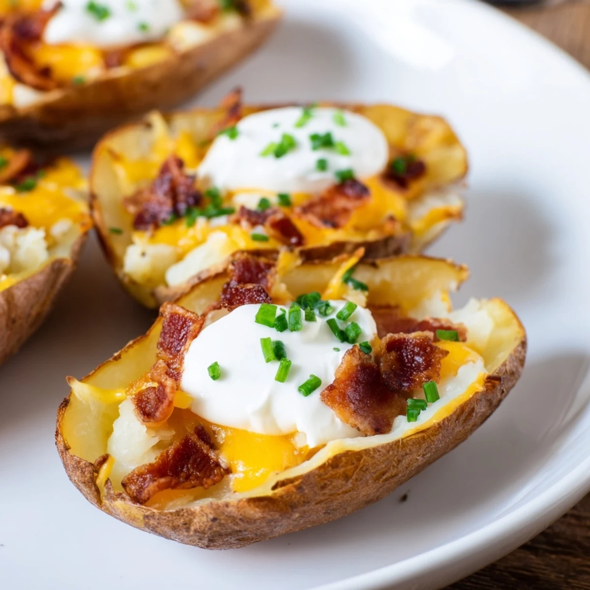 Golden, crispy Loaded Baked Potato Skins overflowing with melted cheddar cheese and smoky bacon bits.