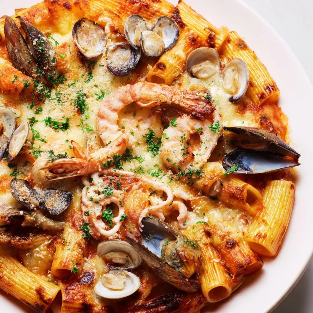 Golden-brown Seafood Pasta Bake bubbling hot, with melted cheese and fresh parsley for garnishing.