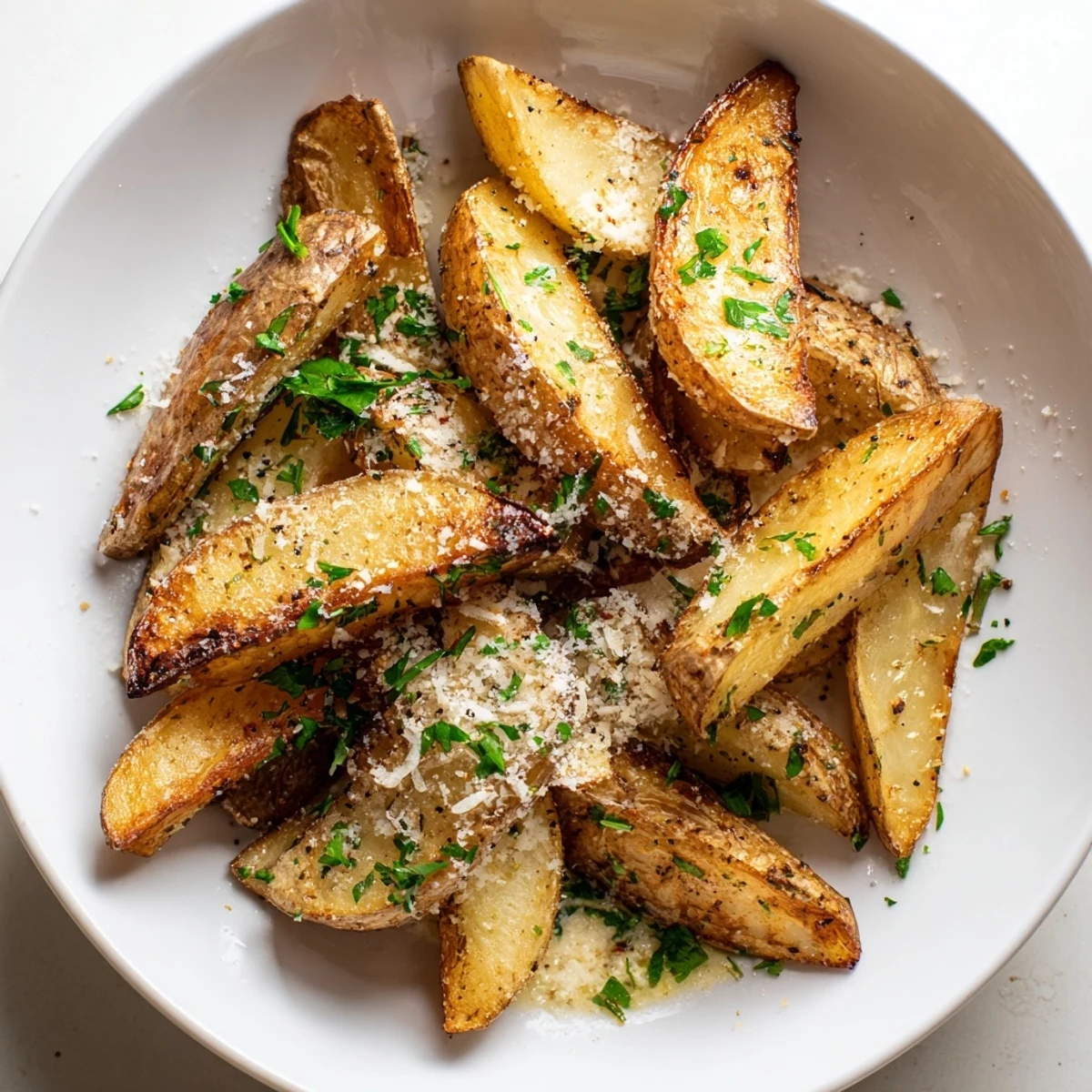 Golden, crispy Rosemary Parmesan Potato Wedges topped with melted Parmesan; a fantastic side.