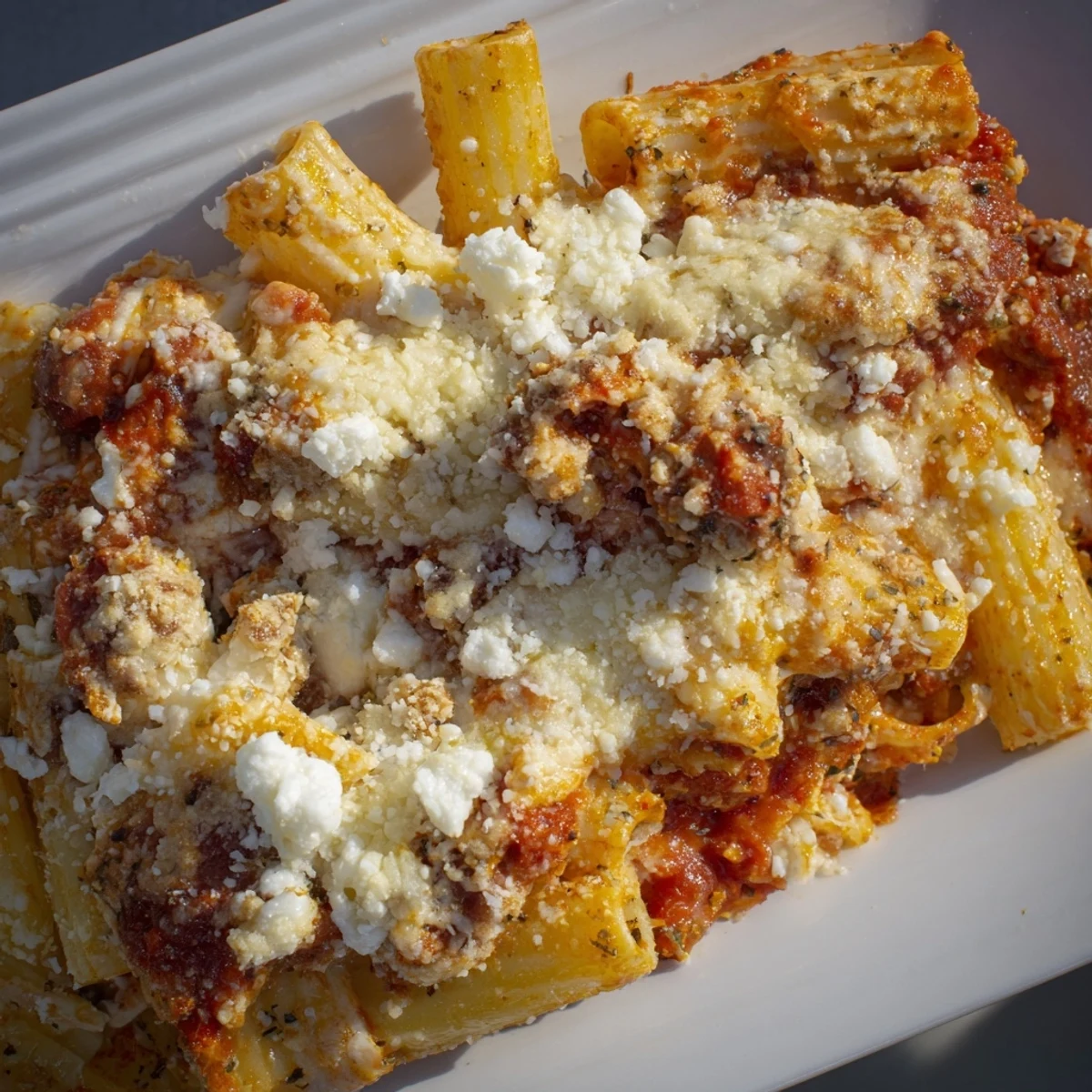 Four Cheese Baked Pasta bubbling with melted mozzarella and rich, creamy cheeses, perfect for a hearty dinner.