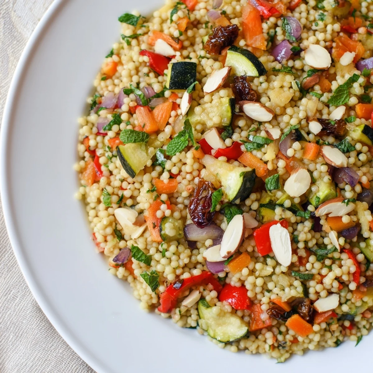 This colorful Moroccan Couscous Salad features fluffy couscous and a bright lemon dressing that looks delicious.