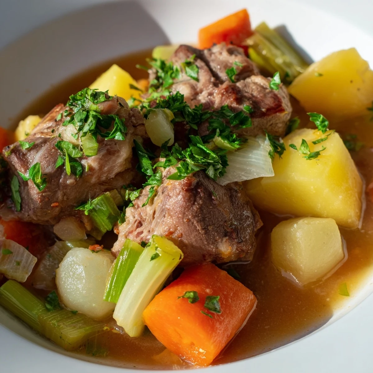 Slow-simmered Welsh Cawl stew, showcasing tender lamb and root vegetables in a flavorful broth.