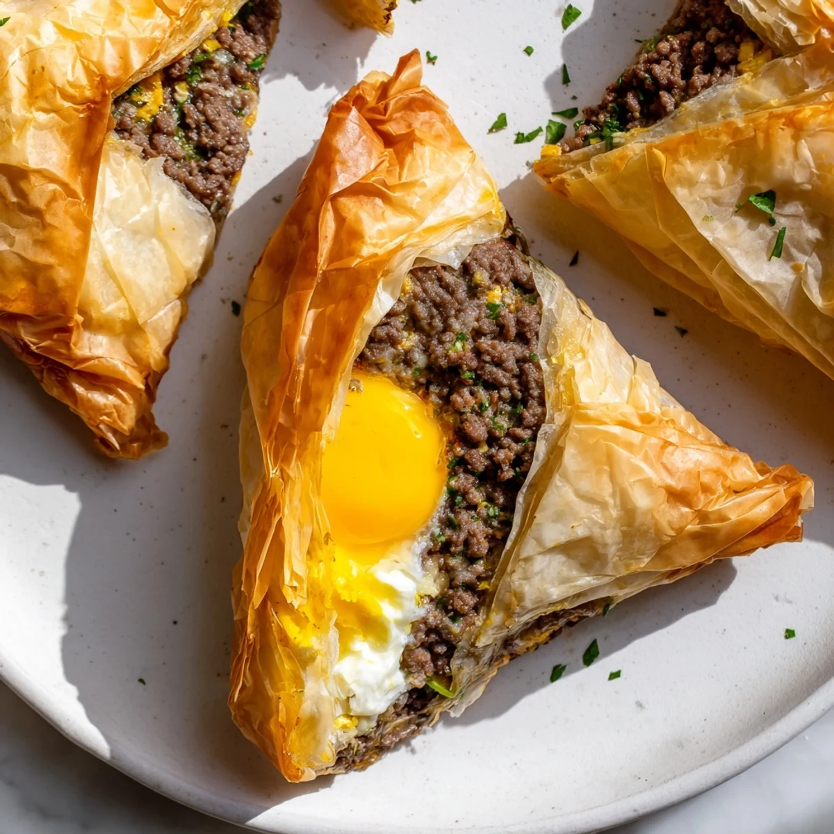 Golden Tunisian Brik pastry, filled with savory meat, a soft egg, and optional melted cheese.