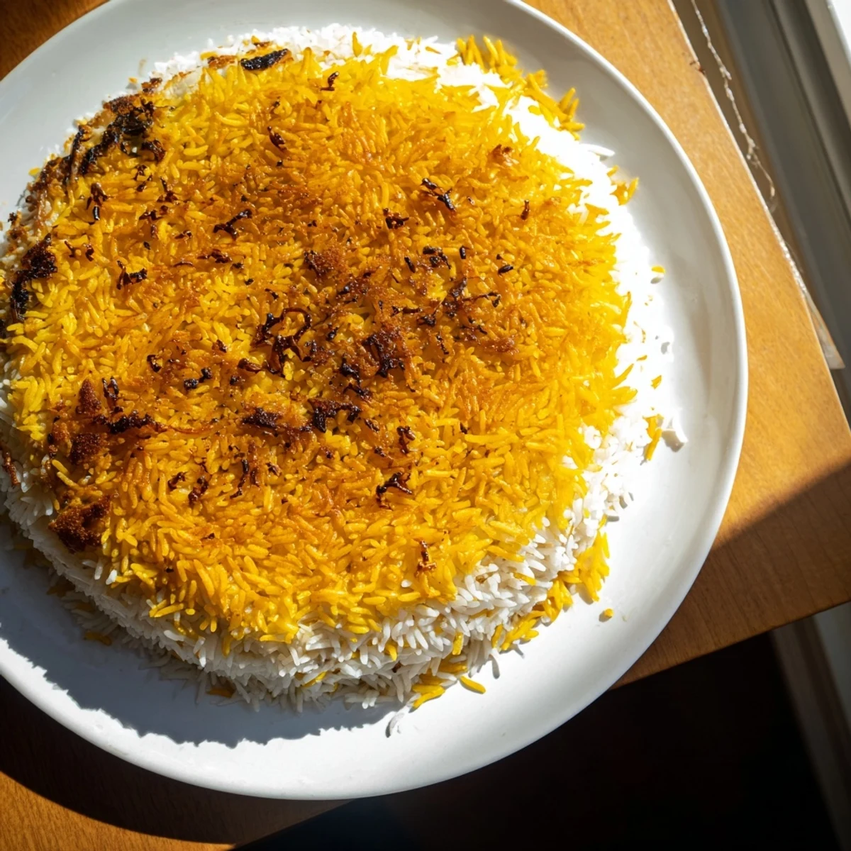 Golden, crispy Persian Tahdig rice with a caramelized crust is a stunning side dish.