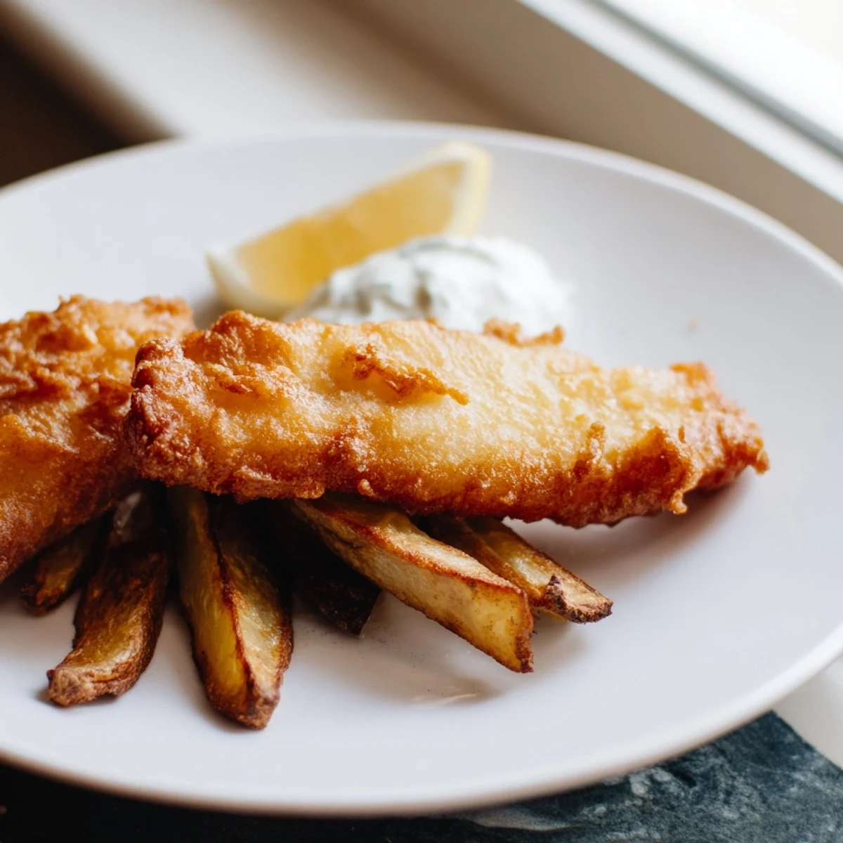Golden-battered British fish and chips, a classic pub meal, is served alongside thick-cut, crispy fries.