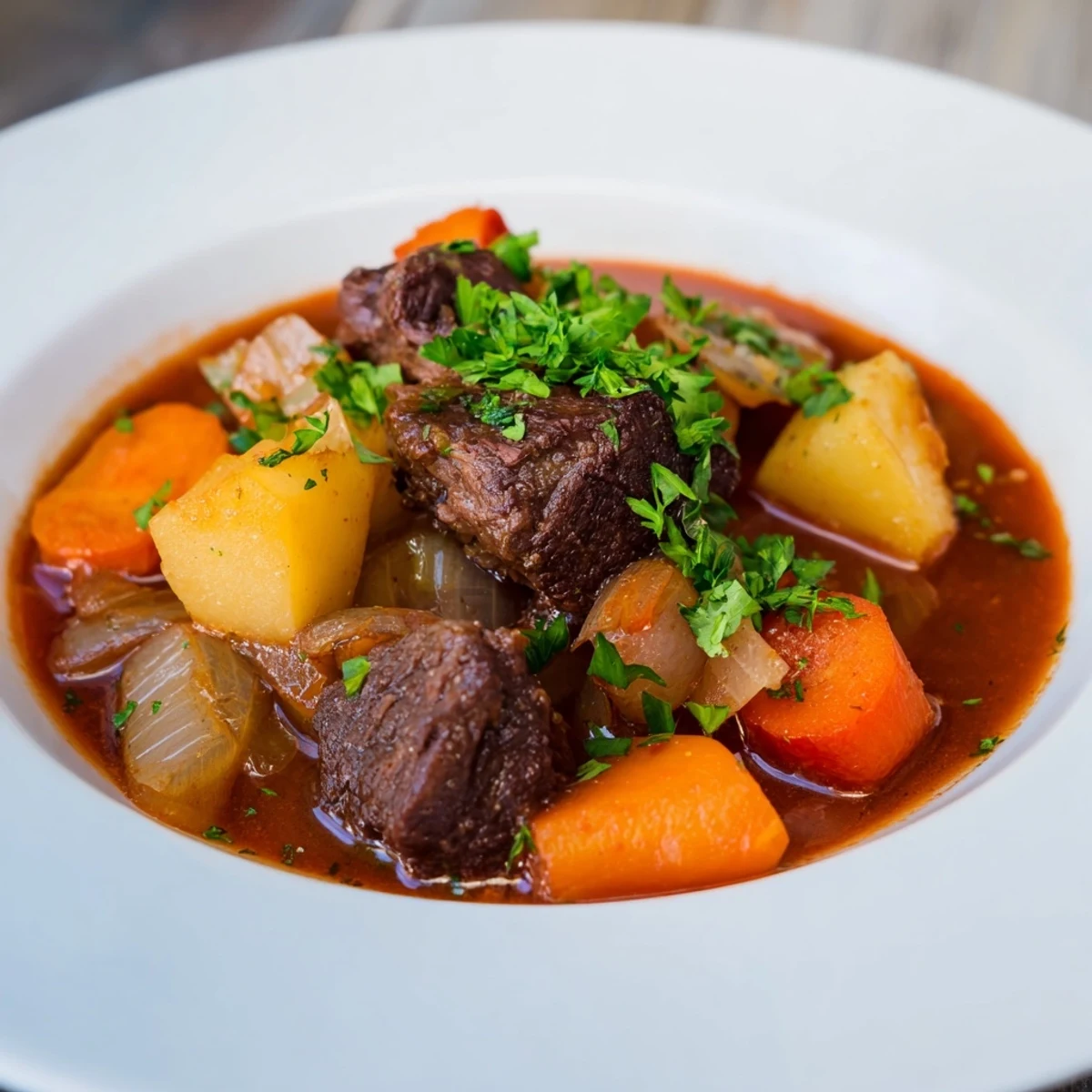 Close-up of golden-brown Irish Beef Stew, with savory aromas and fresh parsley garnish.