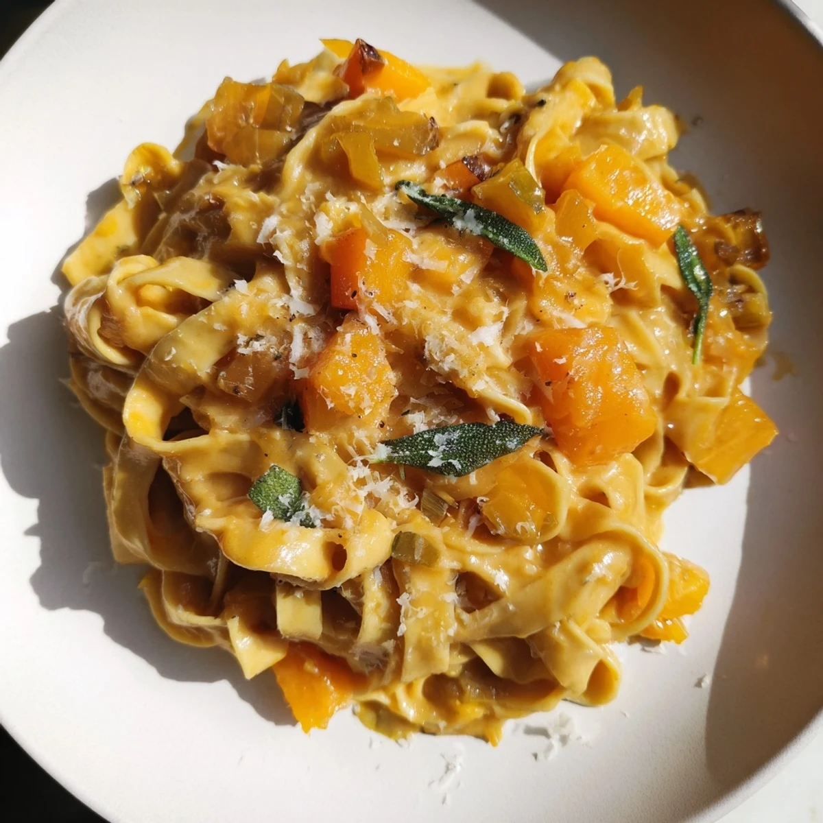 Creamy butternut squash pasta, visually appealing with golden sauce and fresh parsley garnish.