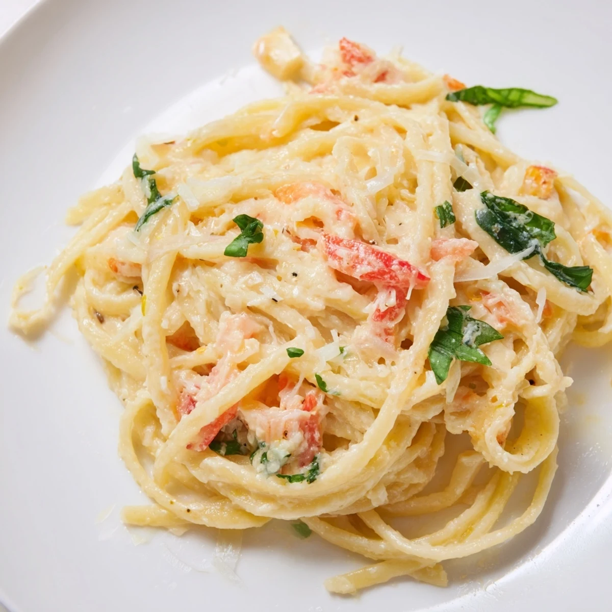 Creamy Roasted Garlic Pasta Sauce, ready on the plate with fresh basil, smells divine.