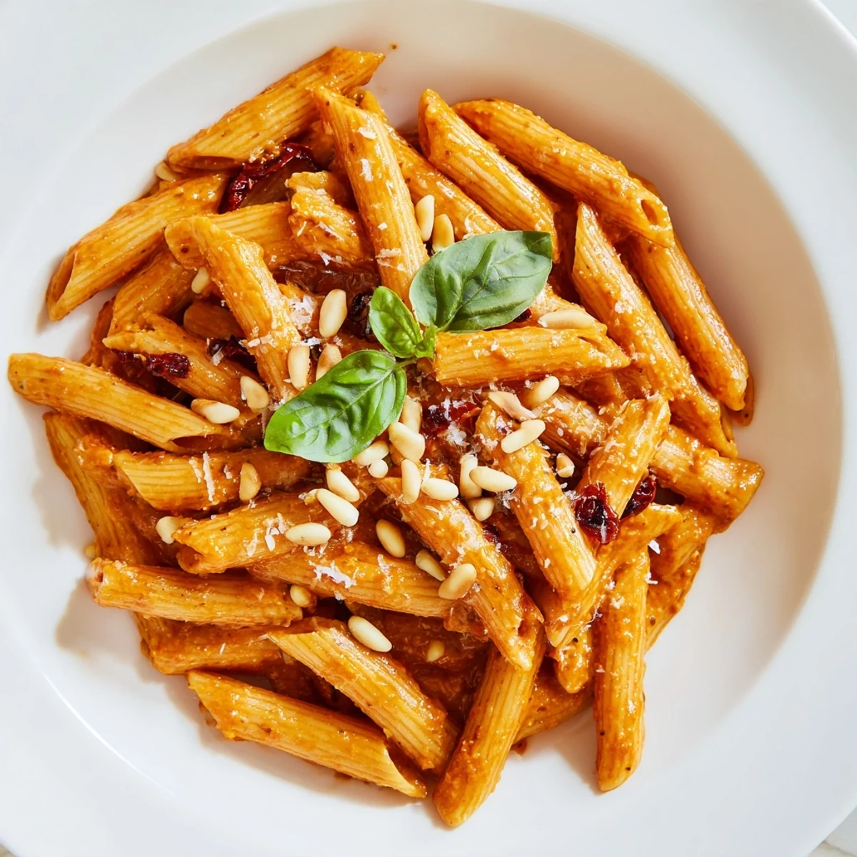 Bright red sun-dried tomato pesto pasta, a flavorful vegetarian Italian dinner, ready to enjoy.