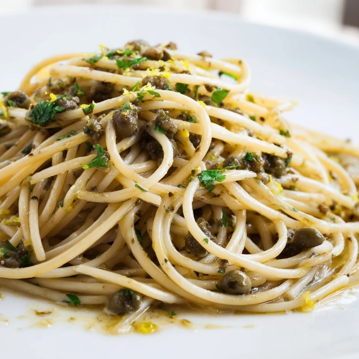 Al dente pasta coated in savory olive tapenade; a vegetarian delight ready to be served immediately.