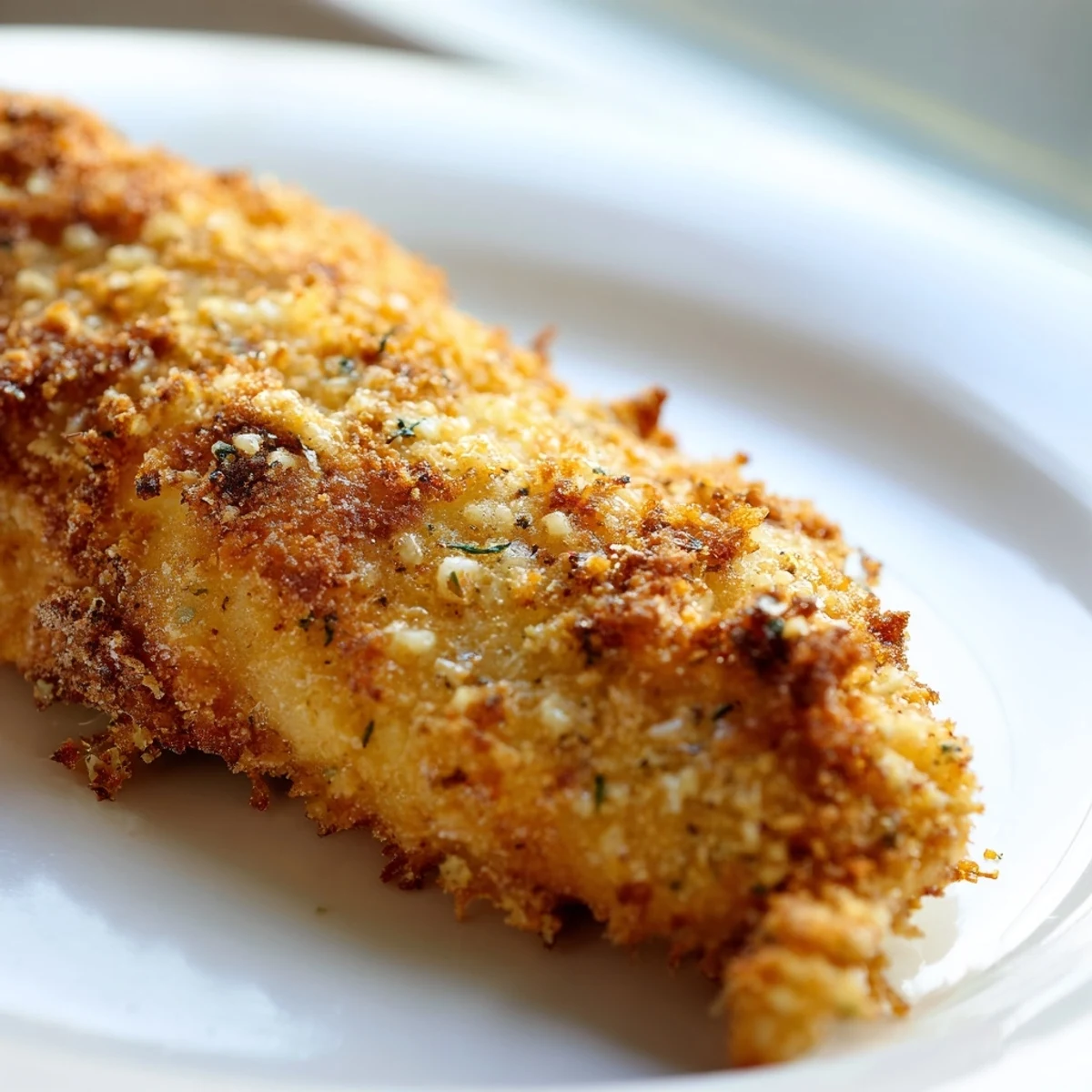 Golden, crispy Roasted Garlic Parmesan Chicken breasts resting on a rustic wooden board, garnished with fresh parsley.