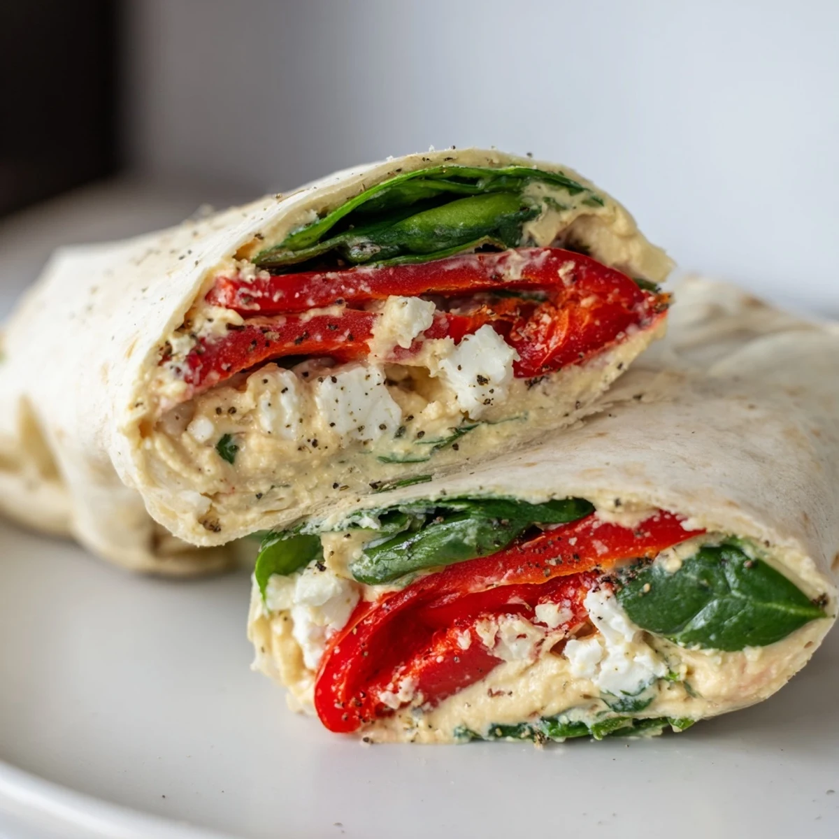 A vibrant Mediterranean Veggie Wrap with creamy hummus, roasted red peppers, and feta on a soft tortilla, sliced to reveal fresh spinach.  