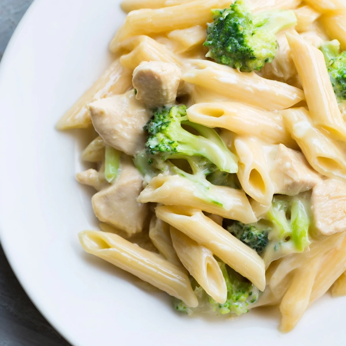 Golden penne pasta coated in creamy cheddar sauce, mixed with tender chicken and bright green broccoli florets.