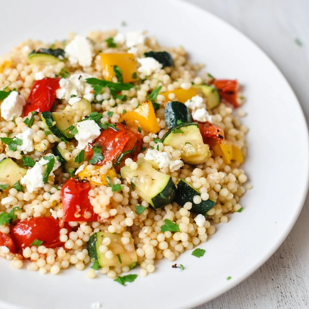 Roasted Veggie Couscous Salad served warm with fluffy couscous, caramelized vegetables, fresh parsley and mint, and a crumble of feta cheese on a rustic plate.