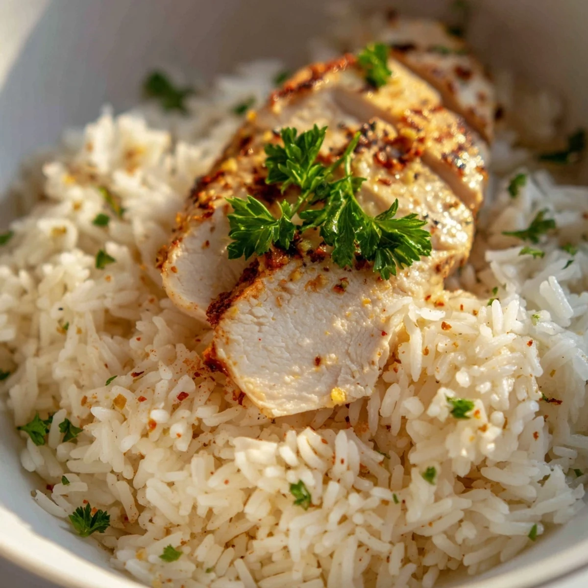 Tender grilled chicken rests atop fluffy garlic butter rice, garnished with fresh parsley and a lemon wedge. 