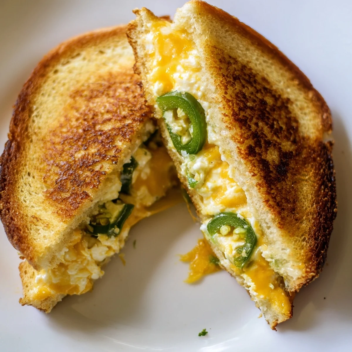 A delicious Jalapeño Popper Grilled Cheese features melted cheese and jalapeños peeking out from crispy sourdough bread.