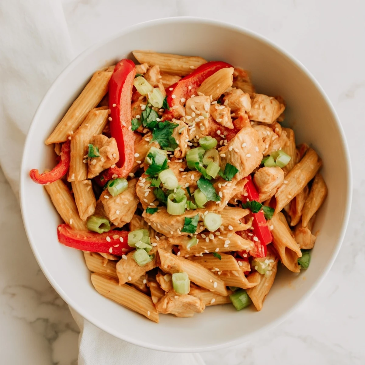 A close-up of Sweet Chili Chicken Pasta garnished with fresh green onions and sesame seeds, served hot as a fusion main dish.  