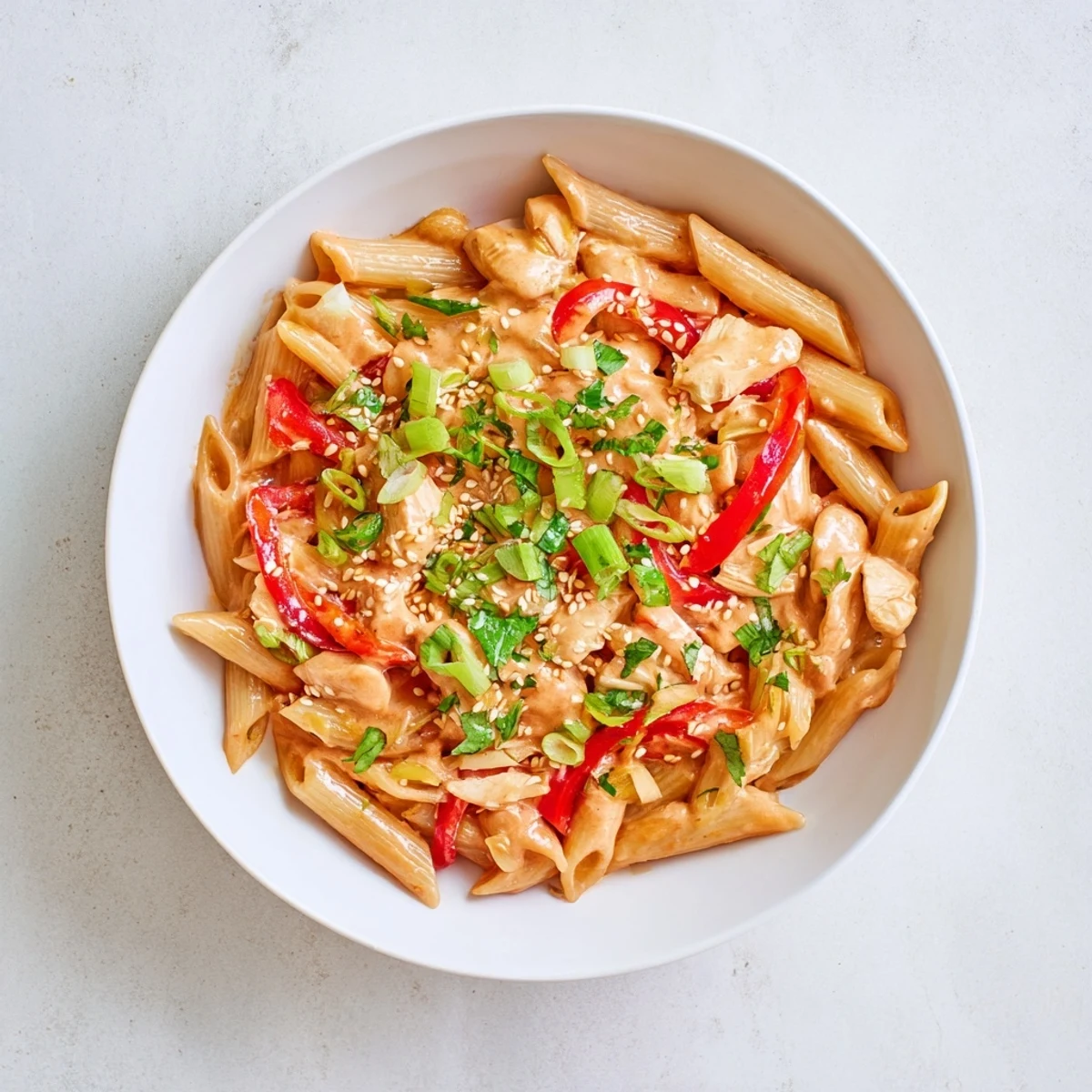 Savory Sweet Chili Chicken Pasta with golden chicken pieces and glossy sauce, plated beside a glass of crisp white wine.