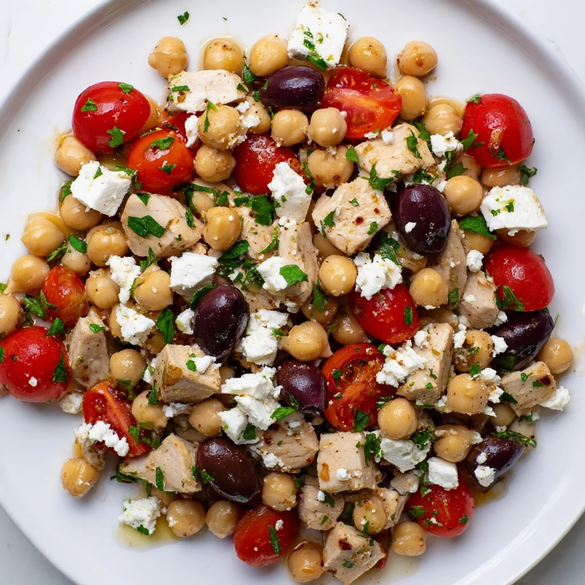A vibrant Mediterranean Chickpea Chicken Salad with juicy diced chicken, creamy feta, crisp cucumbers, tomatoes, and briny Kalamata olives glistening with lemon-oregano dressing.  