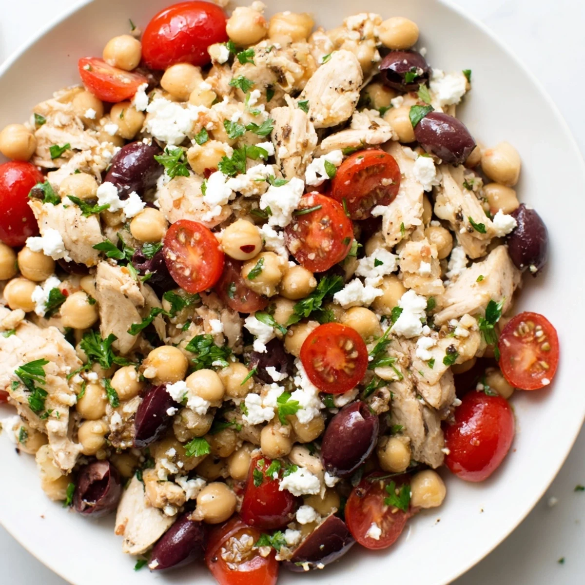 Serve this refreshing Mediterranean Chickpea Chicken Salad alongside warm pita bread on a rustic table, perfect for a light lunch or easy weeknight dinner.