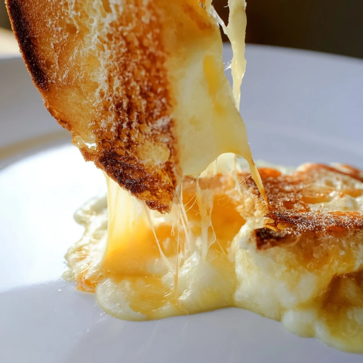 Triple Cheese Sourdough Grilled Cheese on a plate with a bowl of tomato soup, perfect for a cozy American lunch.  