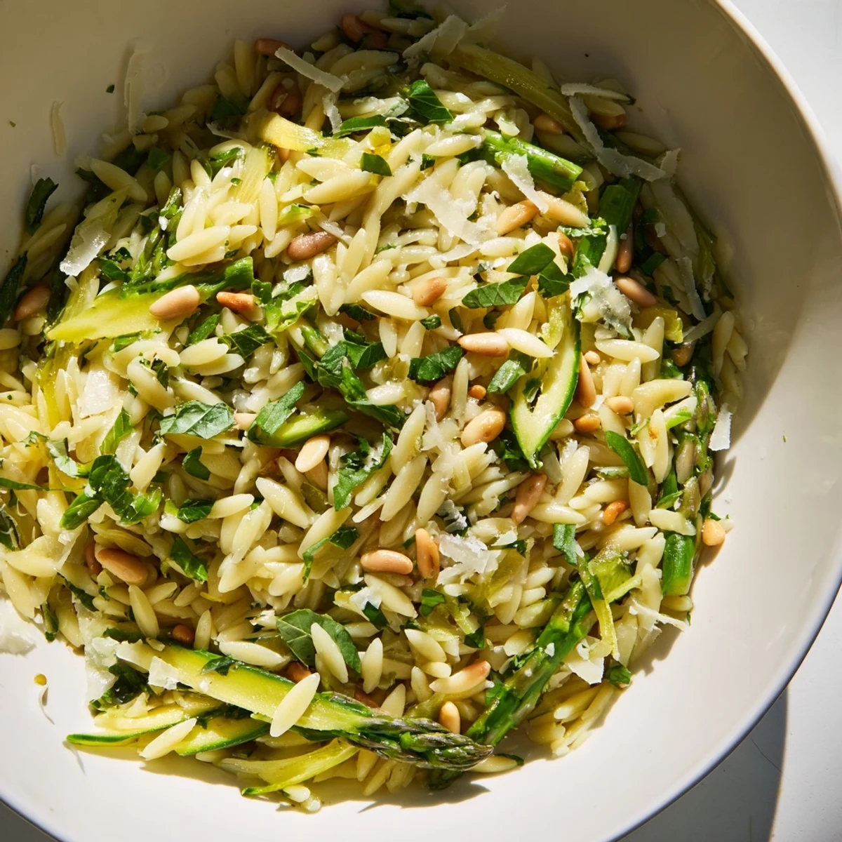 Enjoy a spring-inspired Asparagus Lemon Orzo Salad featuring crisp vegetables and a tangy citrus dressing, perfect for a light and healthy meal.