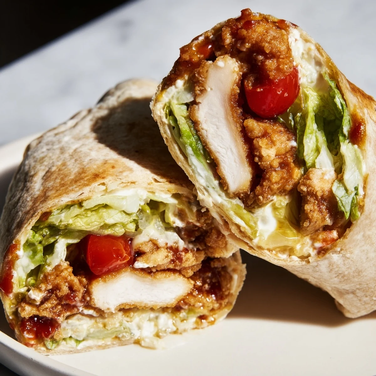 This handheld hot honey chicken caesar wrap is served on a rustic plate with cherry tomatoes, perfect for a quick lunch.