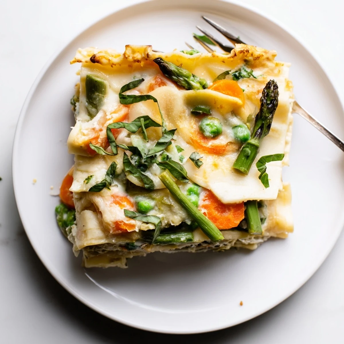 Golden-baked Spring Veggie Alfredo Lasagna with layers of creamy sauce, melted mozzarella, and colorful spring vegetables like asparagus, peas, and carrots.