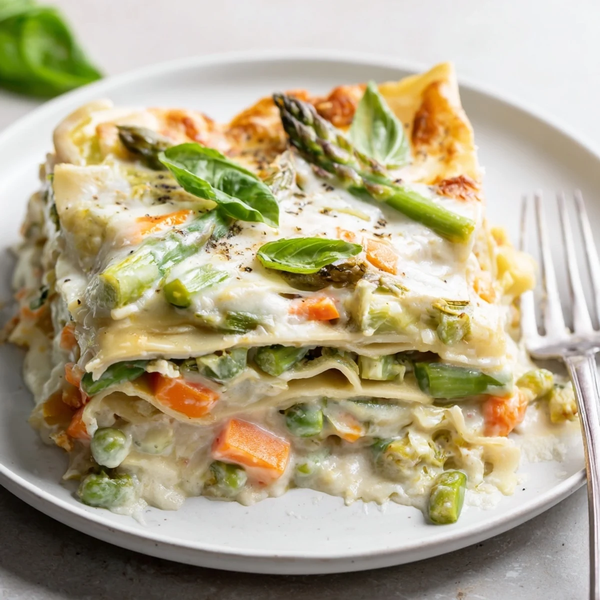 Close-up of Spring Veggie Alfredo Lasagna showing tender no-boil noodles, ricotta, and vibrant spring vegetables in a creamy white sauce.