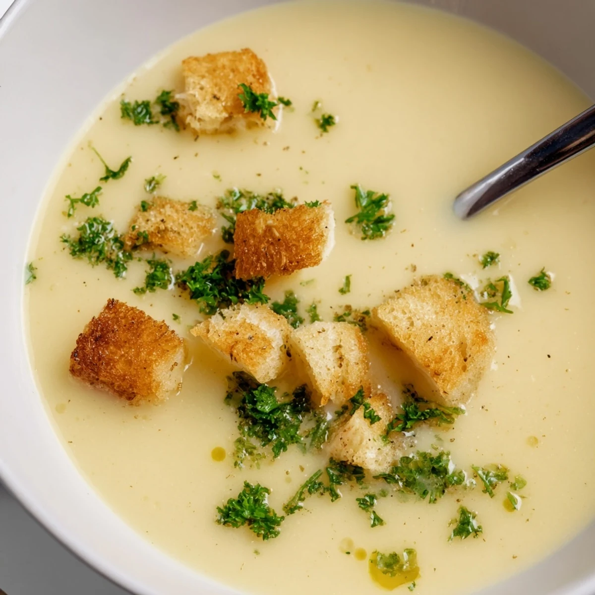A warm bowl of Roasted Garlic Soup, garnished with fresh parsley and croutons, perfect for a cozy evening meal.  