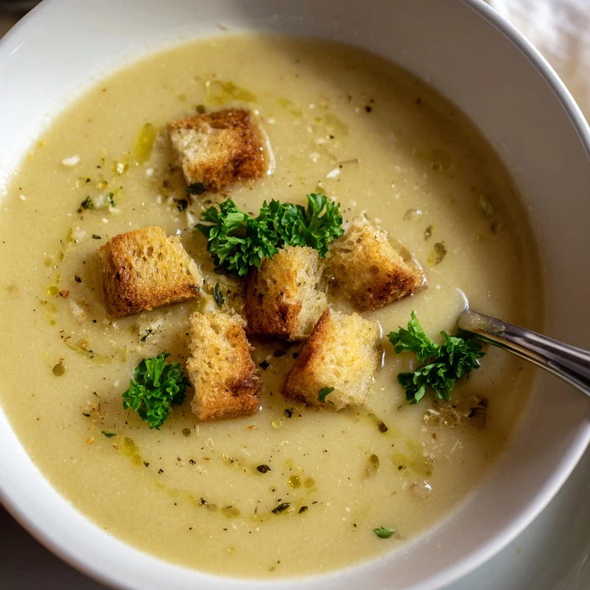 Deep golden roasted garlic is blended into this creamy soup, served hot in a rustic earthenware bowl.  