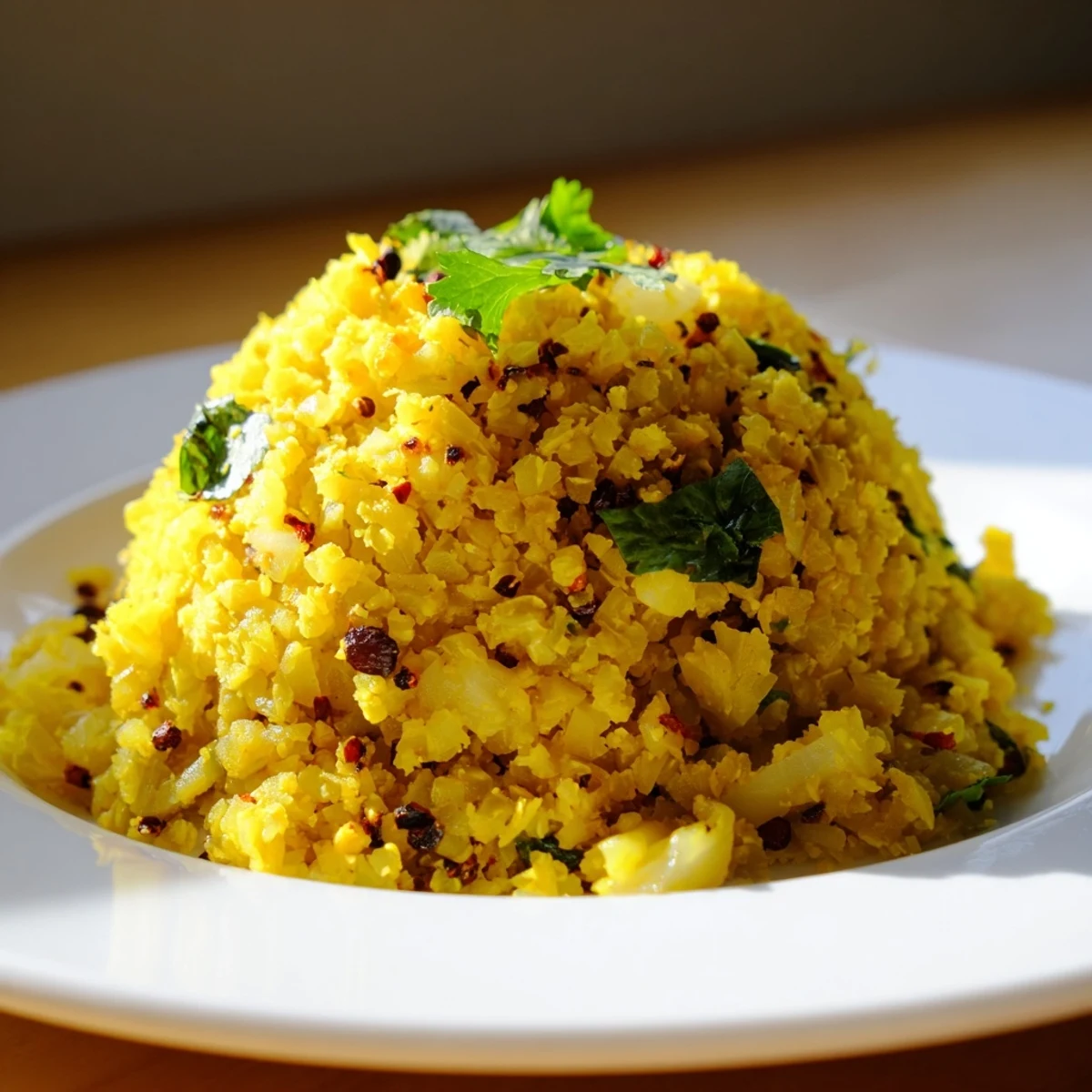 Freshly riced cauliflower sautéed with golden turmeric and cumin in a skillet, garnished with cilantro and lemon.
