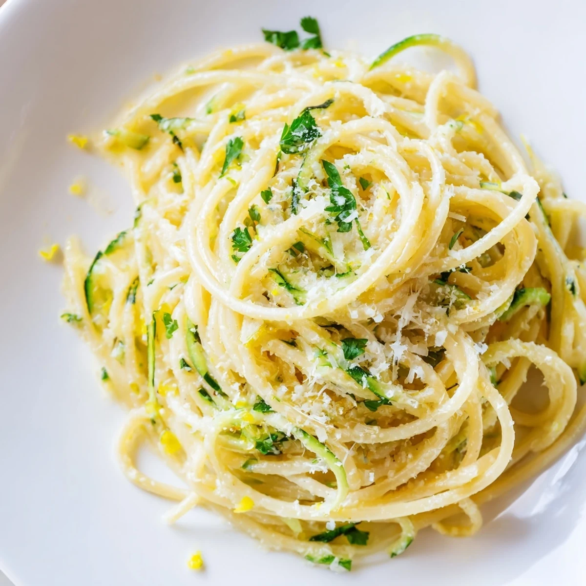 A close-up of Lemon Zucchini Pasta featuring spiralized zucchini ribbons and al dente spaghetti tossed in a glossy, buttery lemon sauce, garnished with fresh parsley and Parmesan cheese.