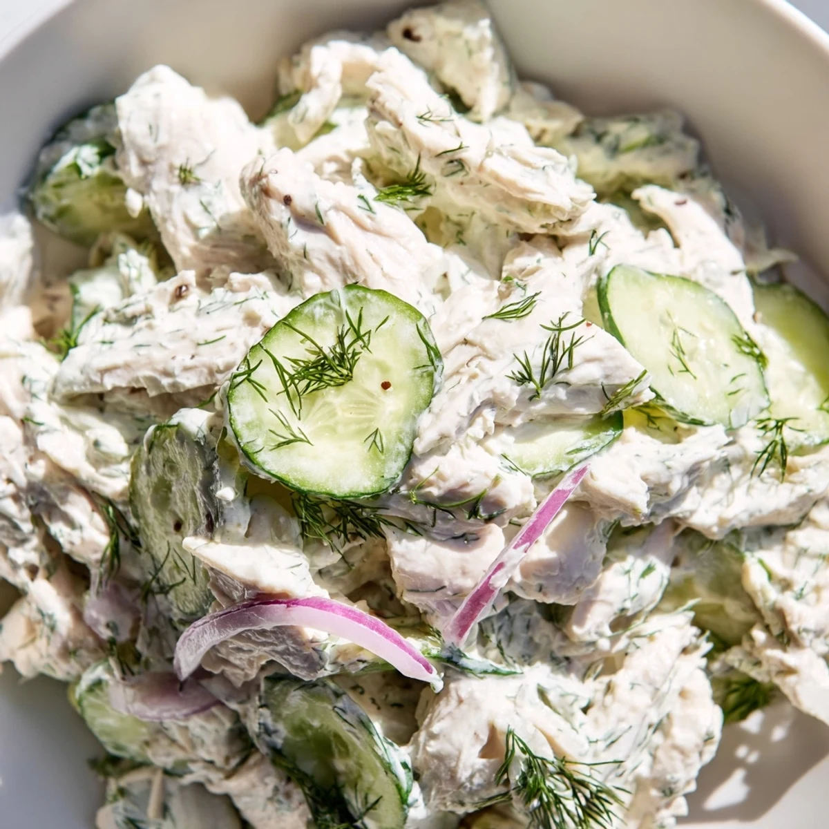 Light and protein-packed creamy cucumber chicken salad ideal for summer lunches or picnics.