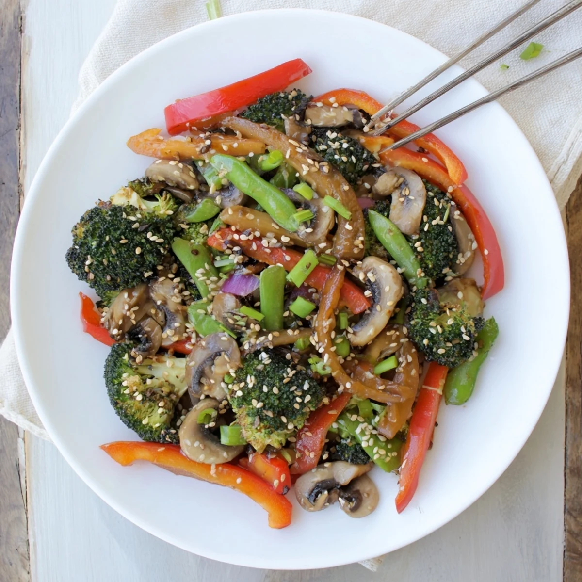 Crisp broccoli, carrots, and snap peas are stir-fried with fresh ginger and savory soy sauce in this vibrant dish.  