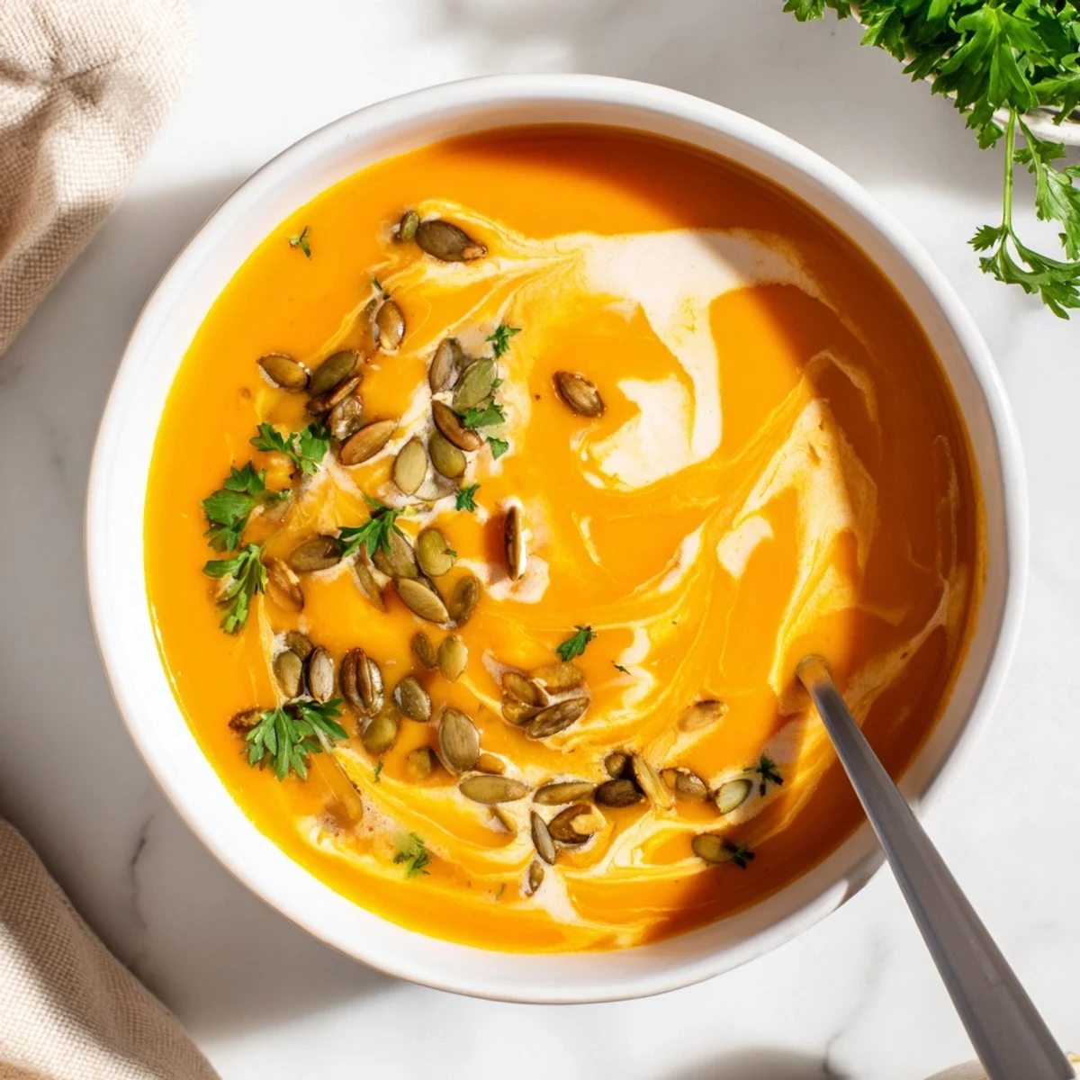 Velvety orange Butternut Squash and Apple Soup served in a white bowl with a slice of bread.