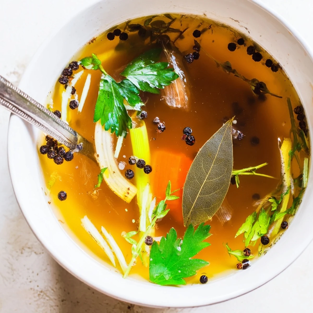 A fine-mesh sieve strains golden Vegetable Broth From Scraps into a glass bowl.