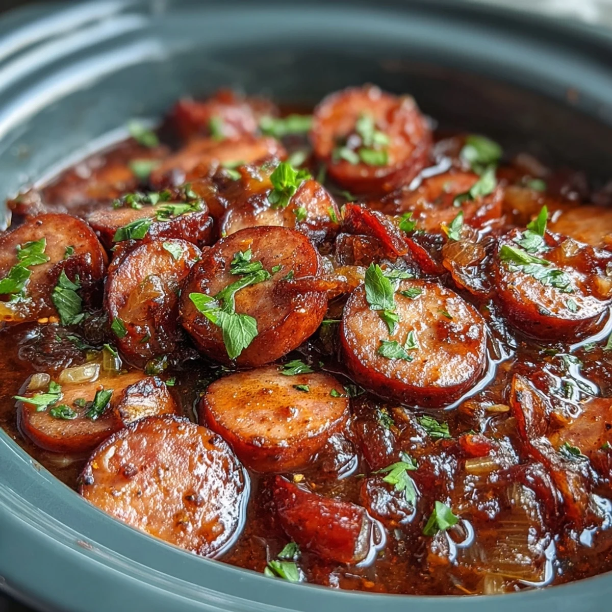 Hearty Crock Pot BBQ Cocktail Sausage Soup, bubbling with tender meats and savory notes.