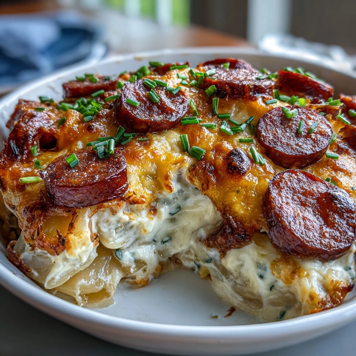 Golden Crockpot Pierogi Casserole With Kielbasa bubbling with cheese.