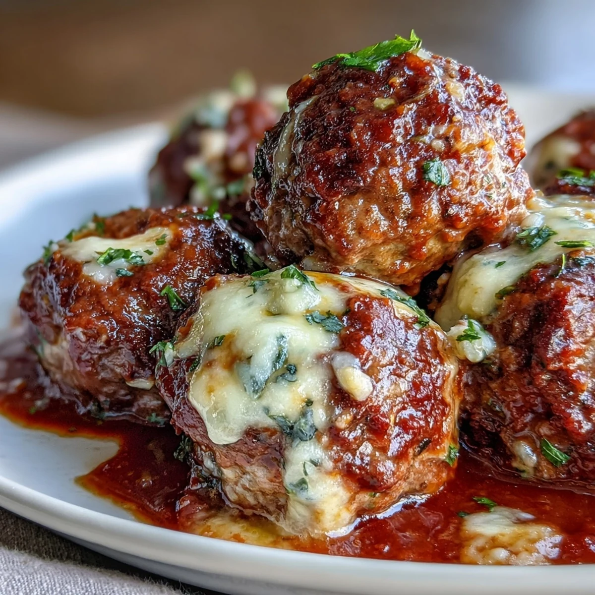 Savory cheesy, garlicky meatballs with marinara, a classic Italian dish, best with pasta.