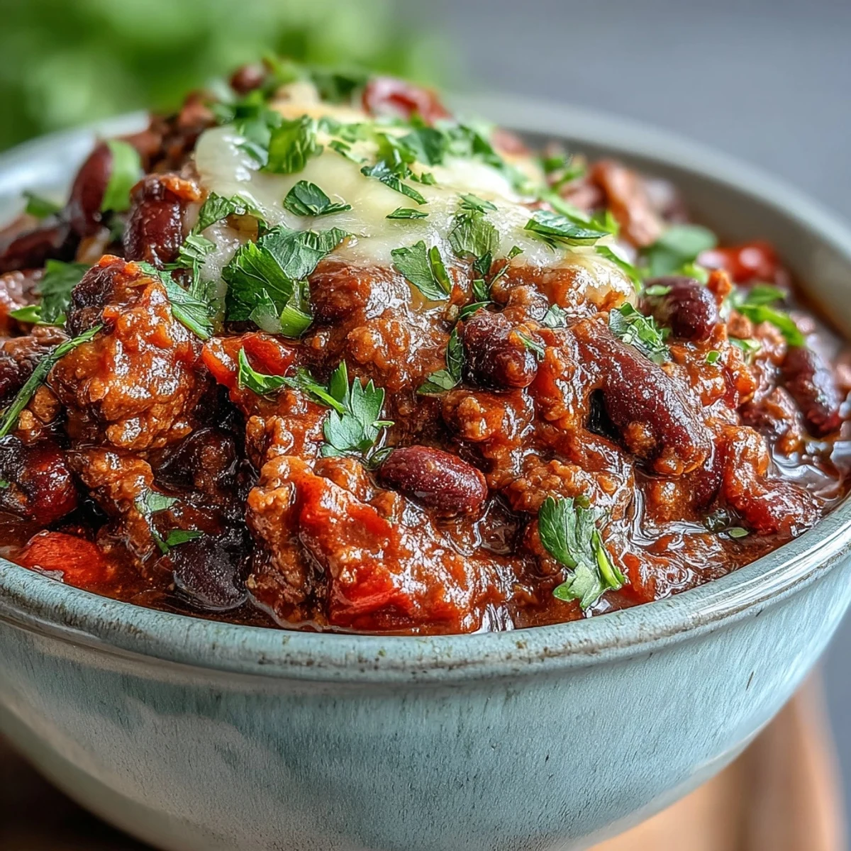 Hearty slow cooker chili with ground beef, beans, and spices, perfect for a comforting meal.