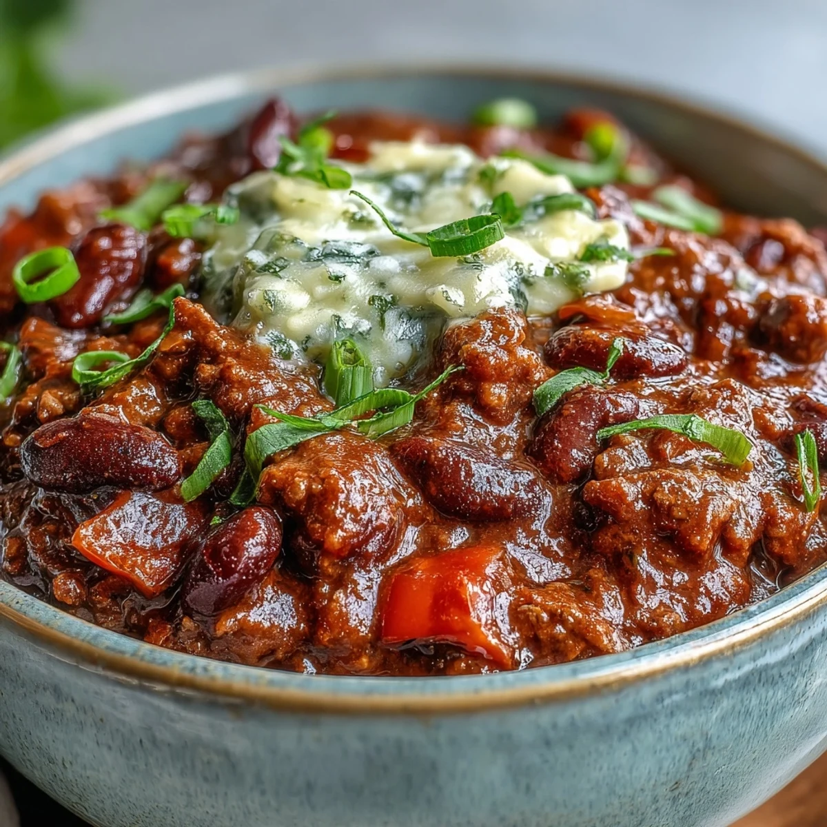 A steaming bowl of easy slow cooker chili, topped with cheese and garnished.