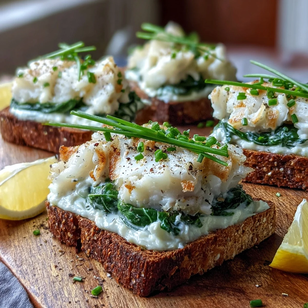 Golden, crispy rye toasts topped with flaky smoked haddock and vibrant wilted spinach, served with a dollop of creamy crème fraîche.