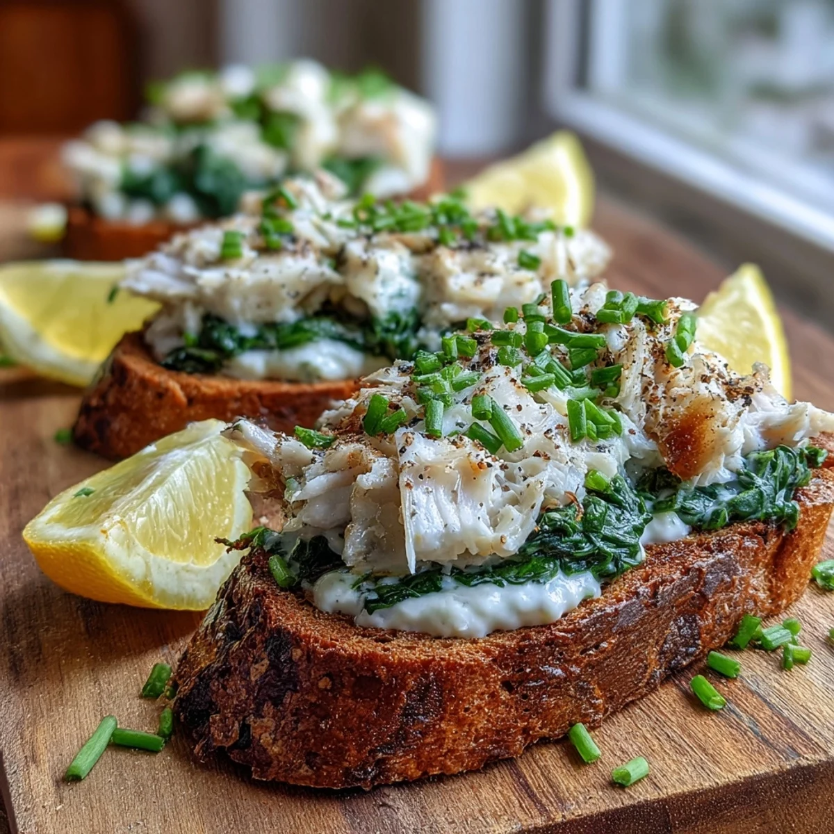 Elegant Smoked Haddock and Spinach Rye Toasts garnished with herbs, perfect for a quick, high-protein pescatarian breakfast or brunch.