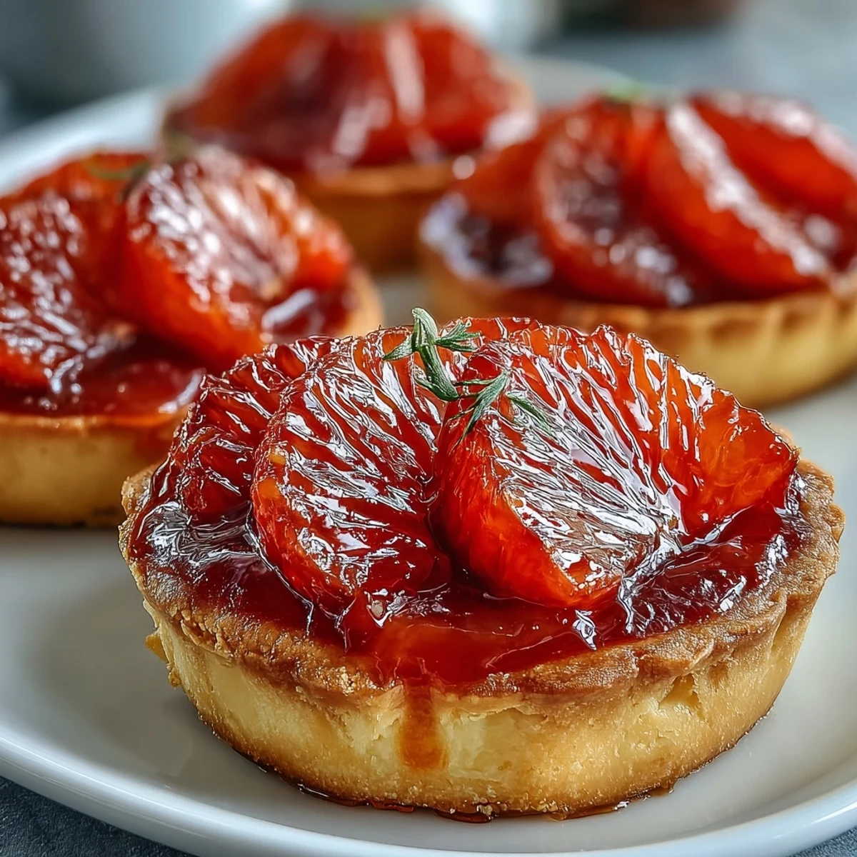 Overhead view of Blood Orange Tarts, featuring rich vanilla custard and juicy blood orange rounds on a rustic wooden table.