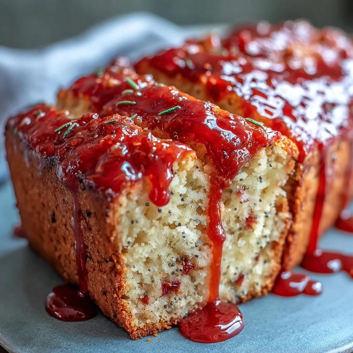 Fresh blood orange glaze drips over a golden loaf cake, highlighting poppy seeds and marzipan swirls for a vibrant brunch dessert.