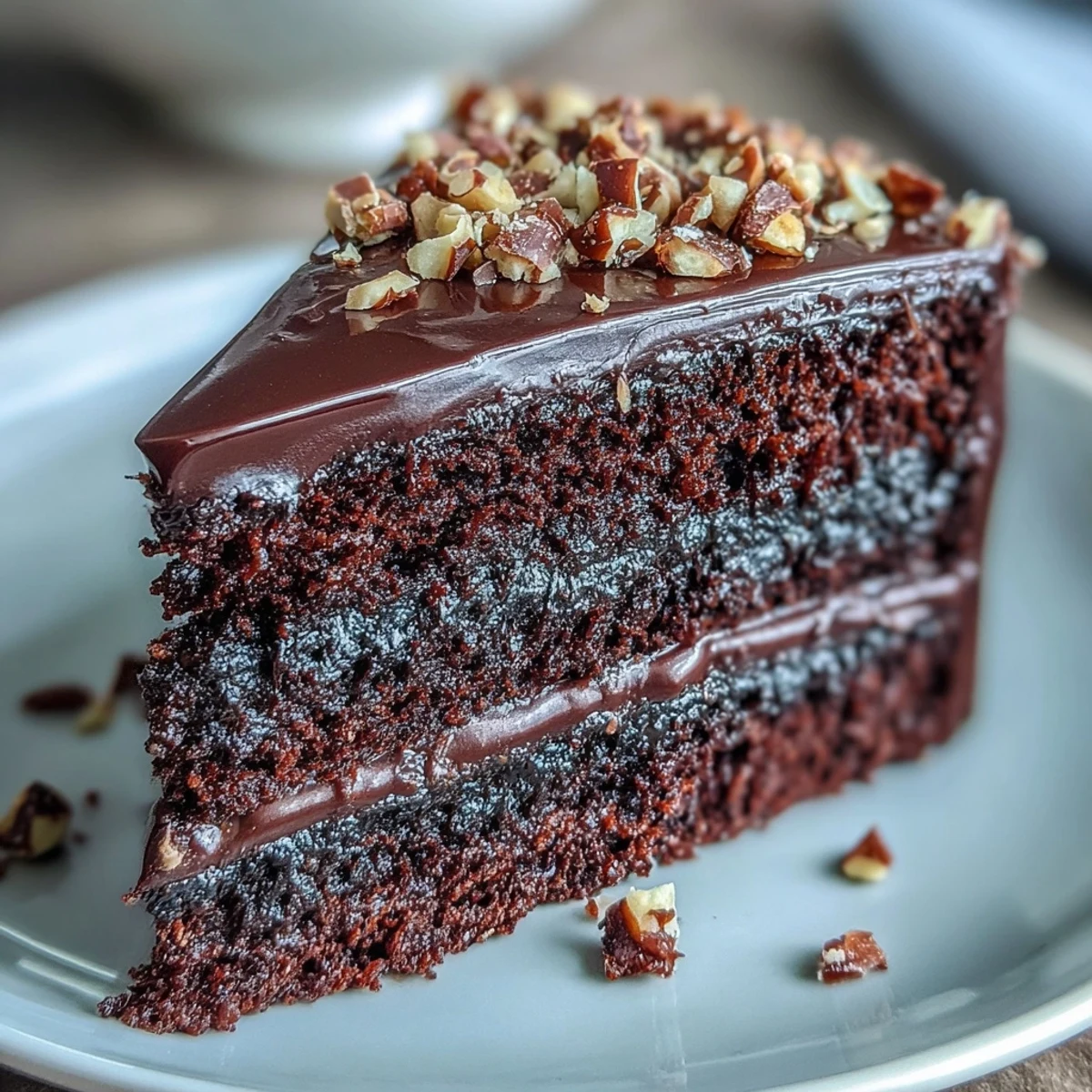 This decadent chocolate celebration cake features a rich olive oil crumb and glossy ganache, perfect for birthdays or special events.