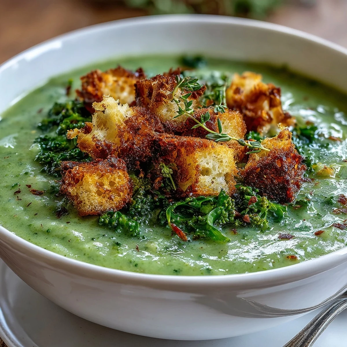 Healthy vegetable soup with cauliflower and broccoli florets, served warm with golden croutons on a cozy kitchen table.