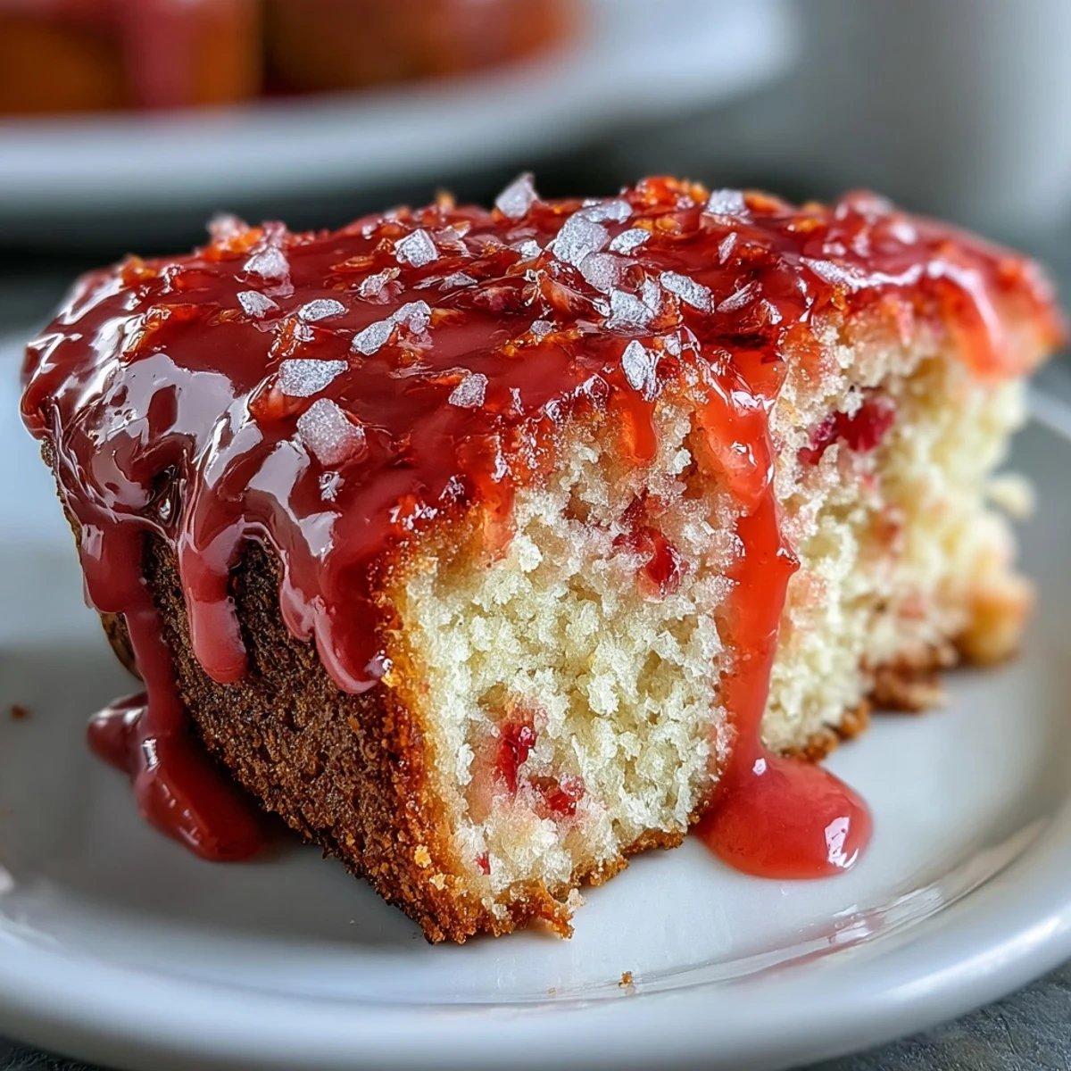 A slice of Heavenly Blood Orange Yogurt Cake shows a moist crumb and glossy citrus icing.