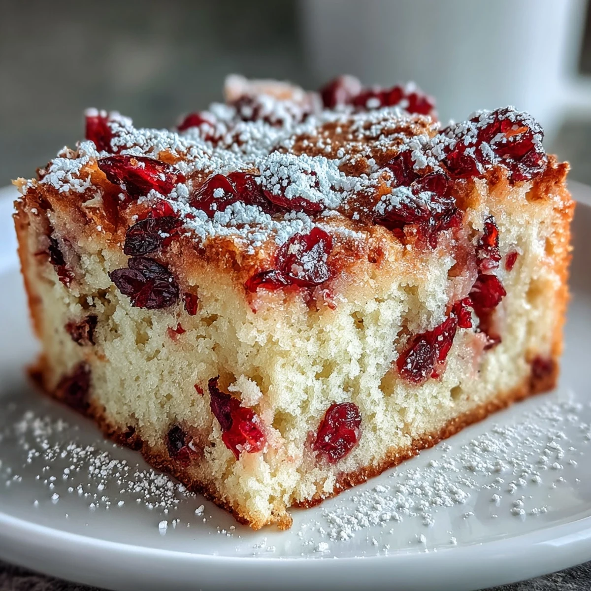 Crumbly Cranberry Orange Breakfast Cake studded with chopped cranberries and orange zest, ready to be sliced and enjoyed warm.